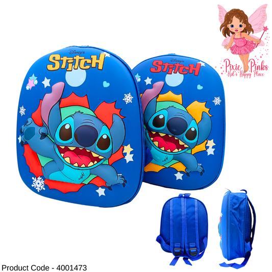🌟 Cute Embossed Stitch Kids Backpack – 28cm Blue Nursery School Bag for Boys & Girls