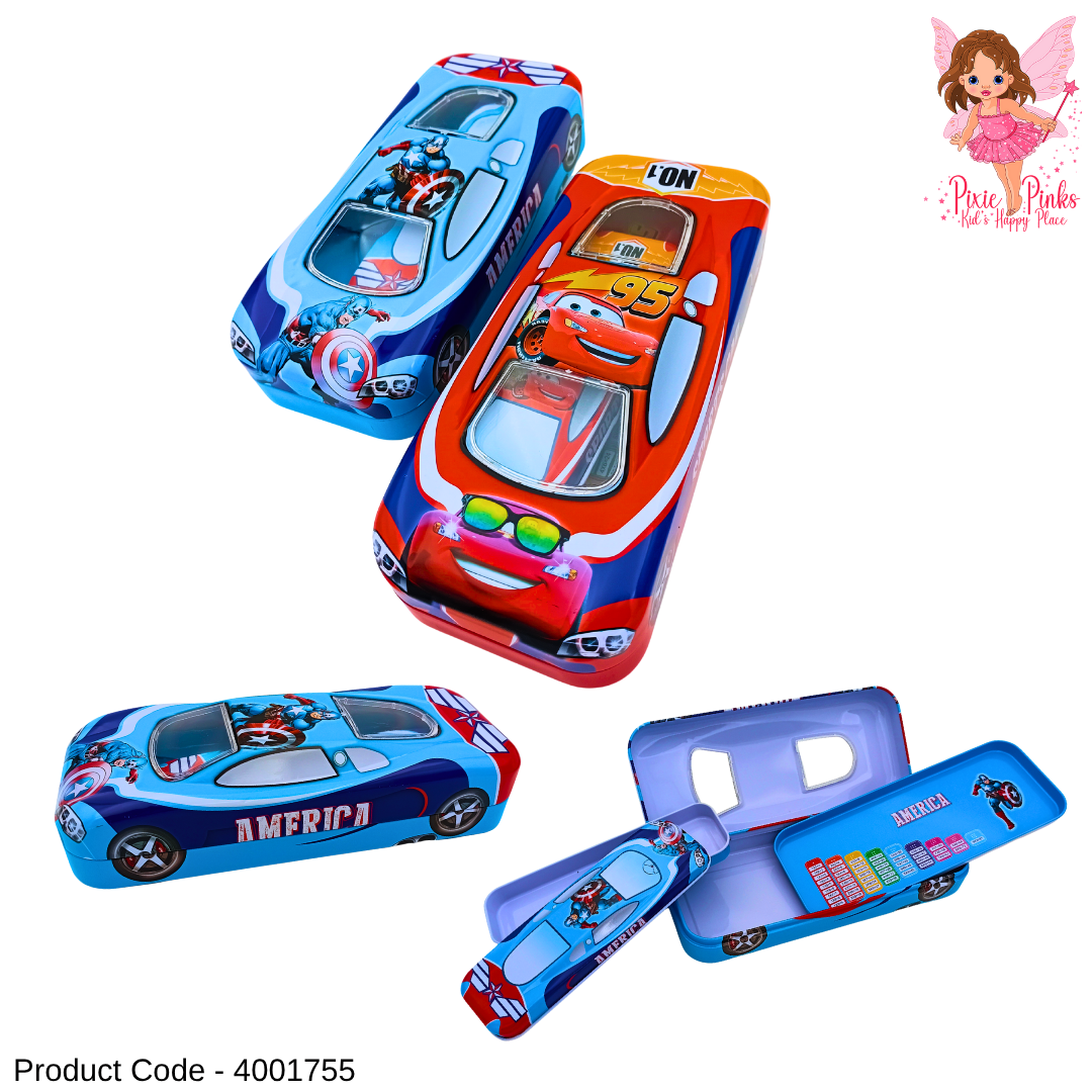 Car-Themed Pencil Box for Kids | Dual-Compartment Hard Case with Inner Storage Box | Durable School Stationery Box