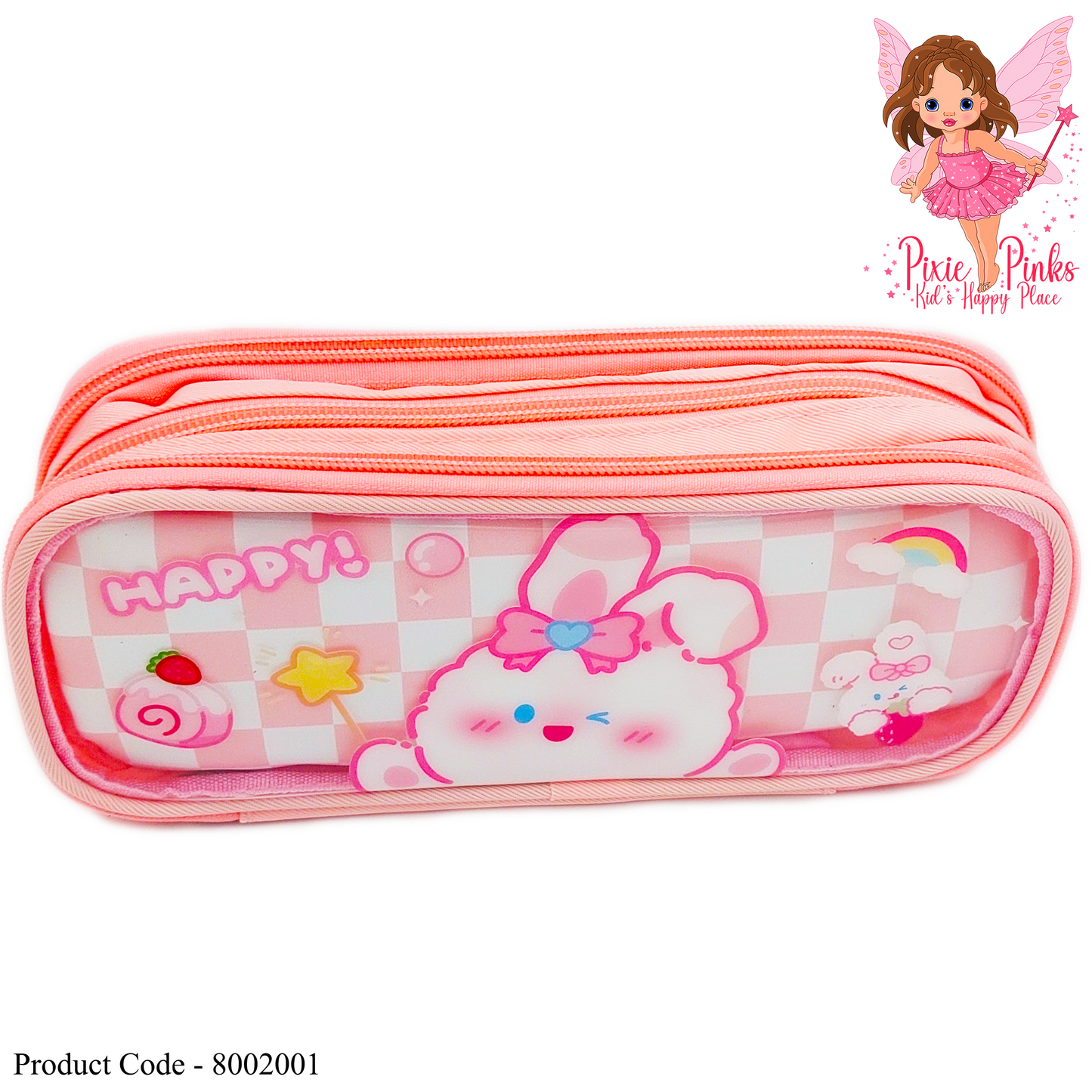 Happy 3 Pocket Pencil Case - Pink