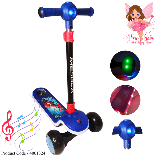 “Kids 3-Wheel LED Scooter with Music & Spider Hero Design – Blue | Pixie Pinks”