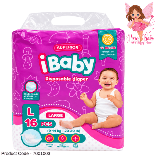 iBaby Superior Baby Diapers Large (L) – 16 PCS | 9–14 kg | 12-Hour Protection